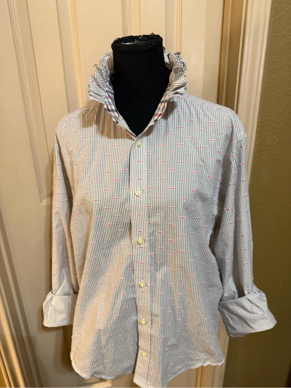 Upcycled Mens Neiman Marcus White Button-Down Shirt with Pink and grey